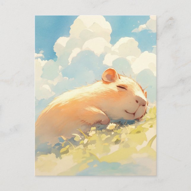 Carte Postale Capybara faisant la sieste dans une prairie verte  (Devant)