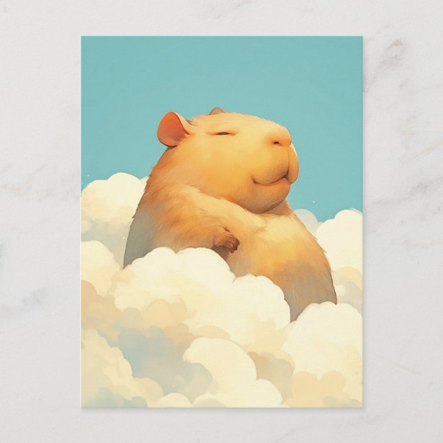 Carte Postale Capybara Flottant dans des Nuages Blancs Douillet  (Devant)