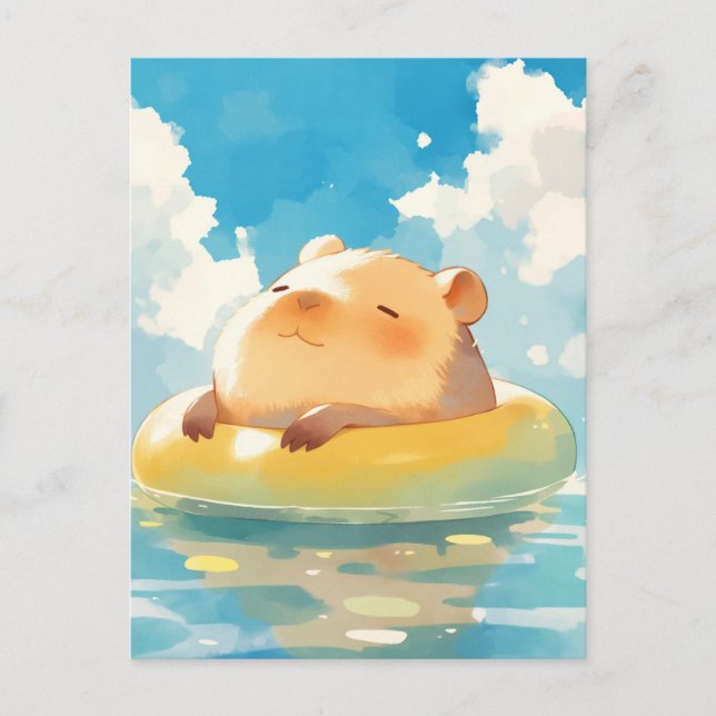 Carte Postale Capybara flottant dans une chambre à air jaune d'é (Devant)
