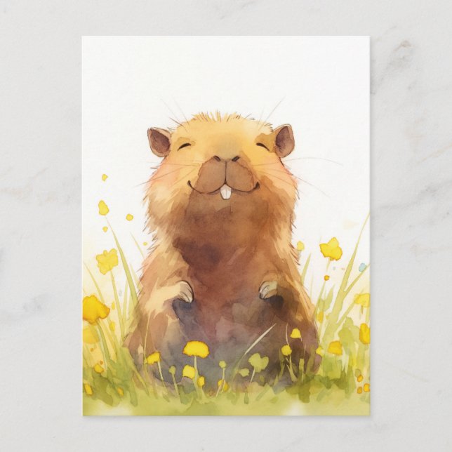 Carte Postale Capybara joyeux dans une prairie de fleurs sauvage (Devant)