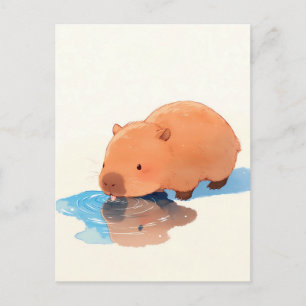 Carte Postale Capybara Mignon Buvant dans une Flaque Bleue