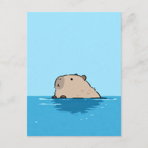 Carte Postale Capybara Minimaliste Nageant dans l'Eau Bleue