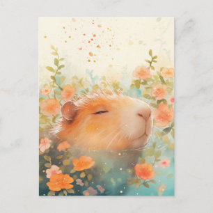 Carte Postale Capybara Nageant dans l'Étang aux Fleurs Sauvages 