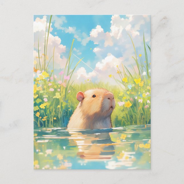 Carte Postale Capybara Nageant dans l'Étang d'une Prairie Ensole (Devant)