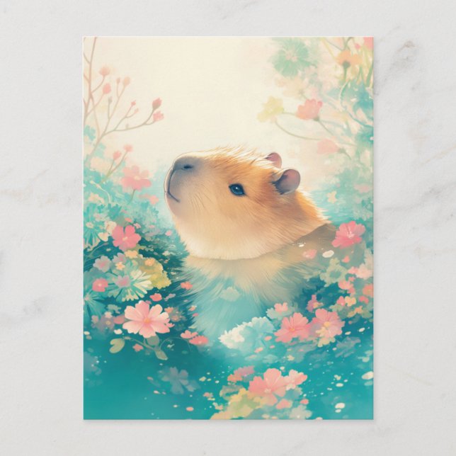 Carte Postale Capybara Nageant dans un Étang de Fleurs Sauvages  (Devant)