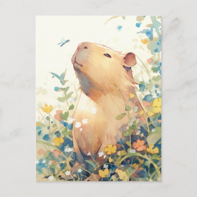 Carte Postale Capybara paisible avec petit oiseau bleu (Devant)