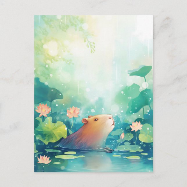 Carte Postale Capybara paisible dans un étang de fleurs de lotus (Devant)
