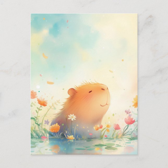 Carte Postale Capybara paisible souriant dans un étang de fleurs (Devant)