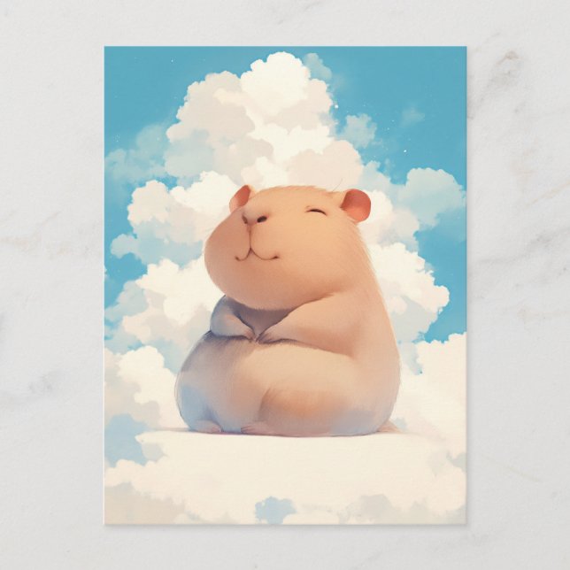 Carte Postale Capybara Souriant Assis sur un Nuage Blanc Doux (Devant)