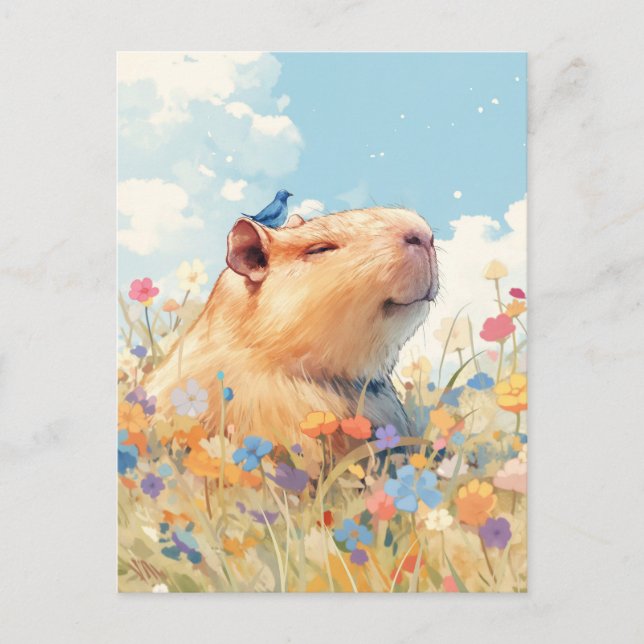 Carte Postale Capybara souriant avec oiseau bleu dans une prairi (Devant)
