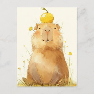 Carte Postale Capybara souriant avec un fruit yuzu sur la tête