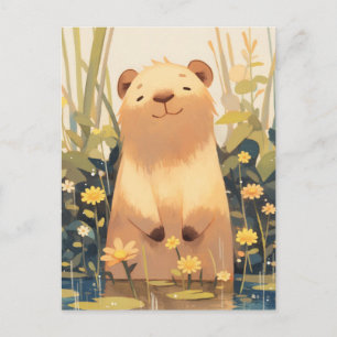 Carte Postale Capybara souriant dans un étang avec des fleurs sa