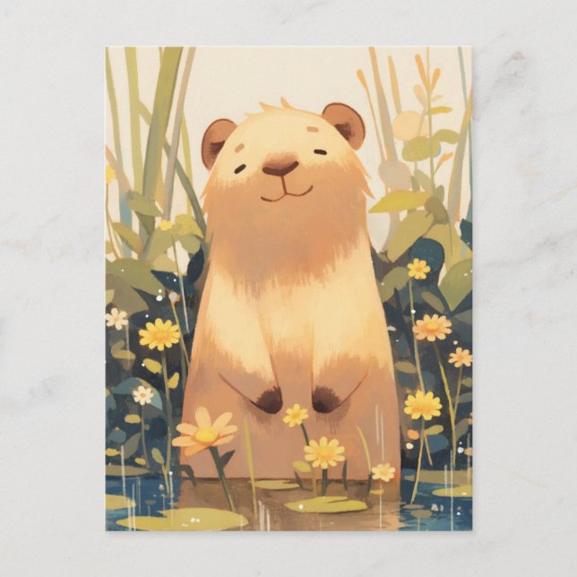 Carte Postale Capybara souriant dans un étang avec des fleurs sa (Devant)