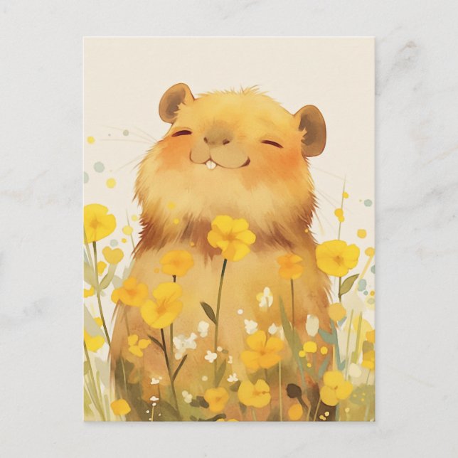 Carte Postale Capybara souriant dans une prairie ensoleillée de  (Devant)