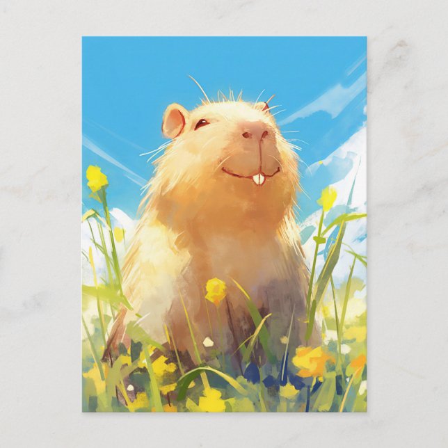 Carte Postale Capybara souriant dans une prairie ensoleillée de  (Devant)