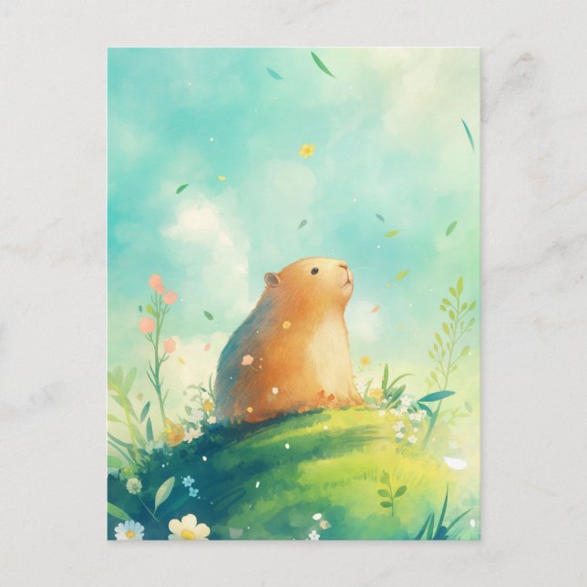Carte Postale Capybara sur une colline avec des pétales et des f (Devant)