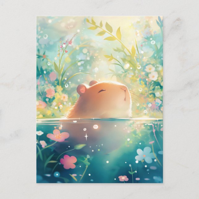 Carte Postale Capybara Swimming in Magical Wildflower Pond (Devant)