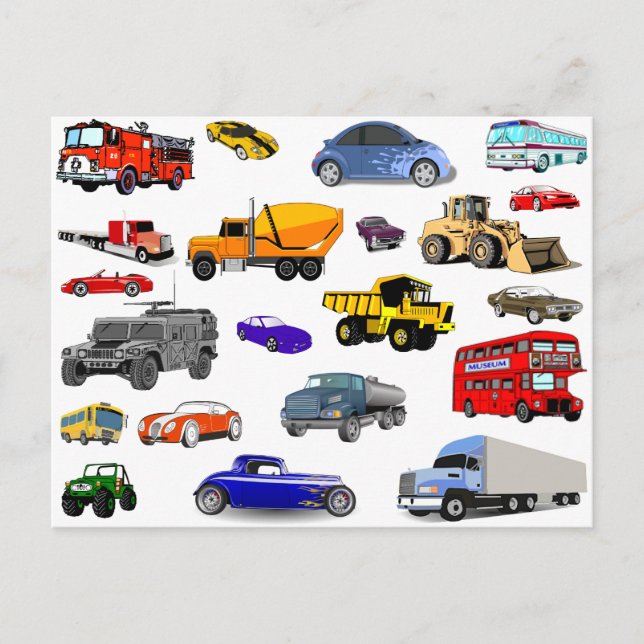 Carte Postale car truck firetruck bulldozer bus race cars more (Devant)