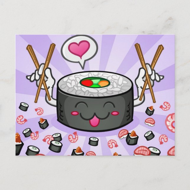 Carte Postale Caractère de dessin sushi Manger beaucoup de creve (Devant)