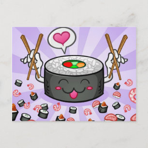 Carte Postale Caractère de dessin sushi Manger beaucoup de creve