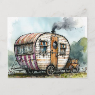 Carte Postale Caravane de camping décalée altérée Style aquarell