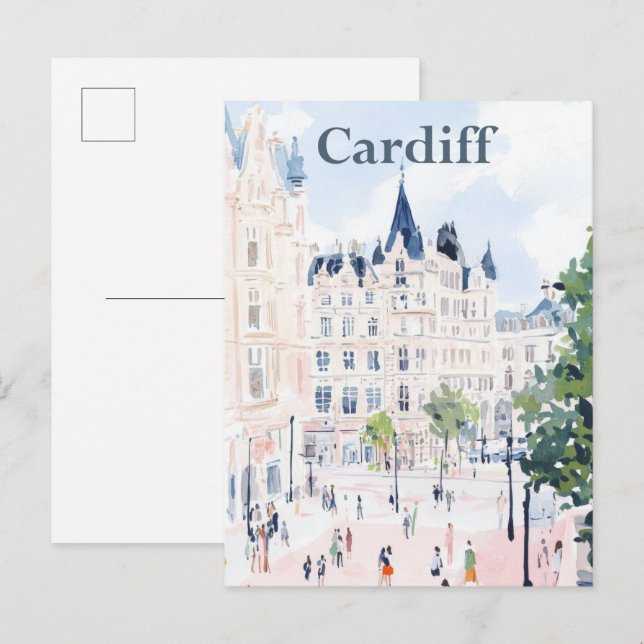 Carte Postale Cardiff Wales Aquarelle Peinture Voyage (Devant / Derrière)