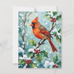 Carte Postale Cardinal de Noël sur une branche de Holly