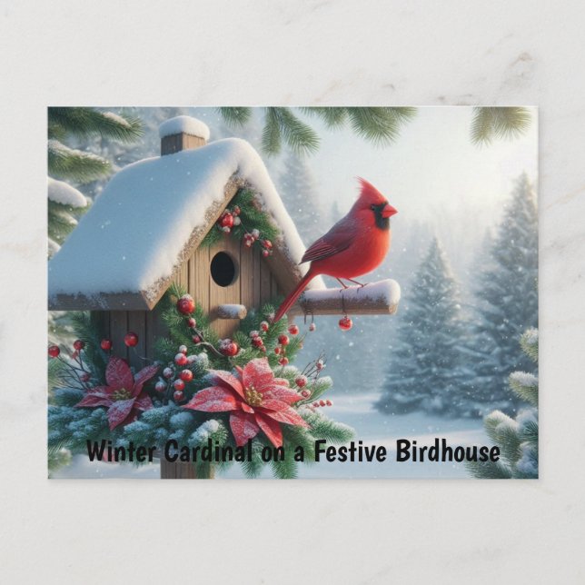 Carte Postale Cardinal d'hiver sur une maison d'oiseaux festive (Devant)