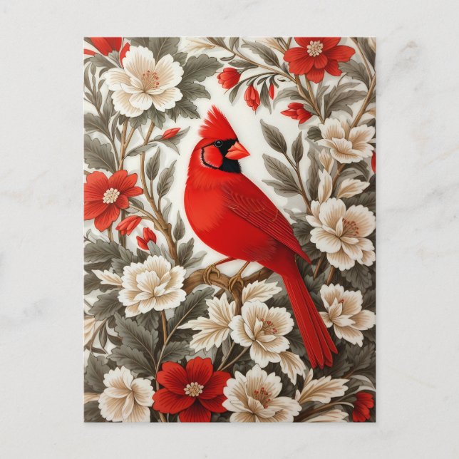 Carte Postale Cardinal du Nord Oiseau Belle Florale (Devant)