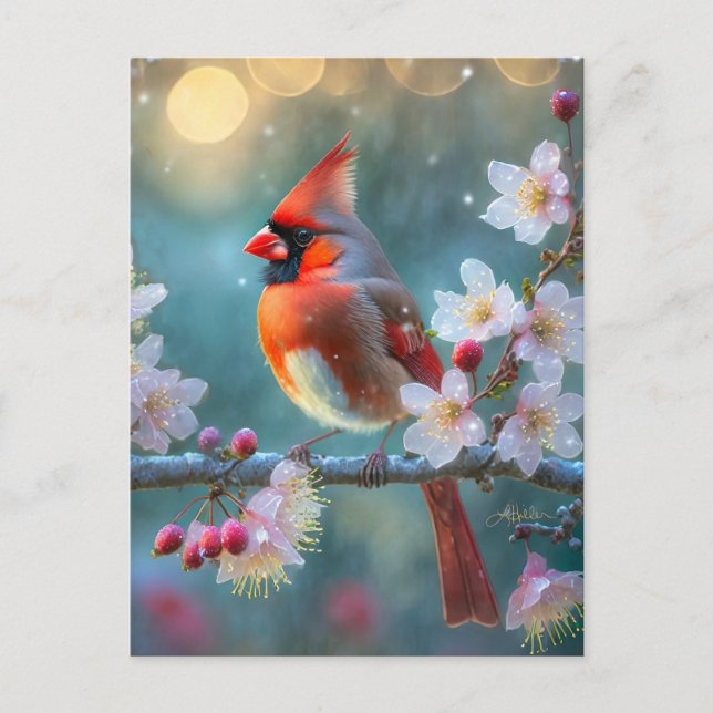 Carte Postale Cardinal masculin en fleurs de cerisiers au clair  (Devant)