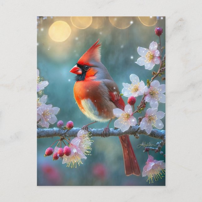 Carte Postale Cardinal masculin en fleurs de cerisiers au clair  (Devant)