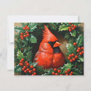 Carte Postale Cardinal rouge de Noël et Wreath Holly Berry