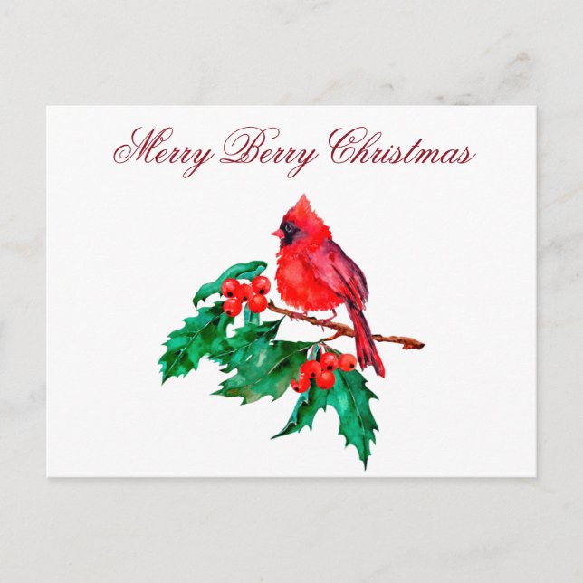 Carte Postale Cardinal rouge de Noël sur une branche de baie de  (Devant)