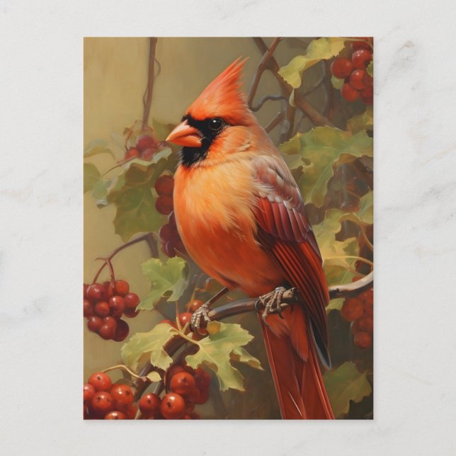 Carte Postale Cardinal rouge et baies sauvages (Devant)