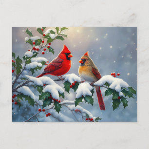 Carte Postale Cardinaux rouges et Holly en neige