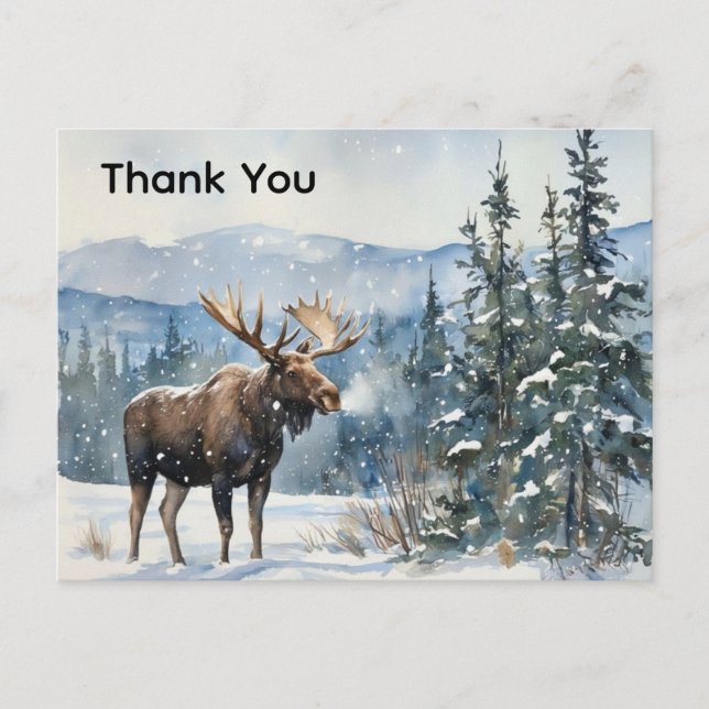 Carte Postale Caribou à l'aquarelle dans la neige Merci  (Devant)