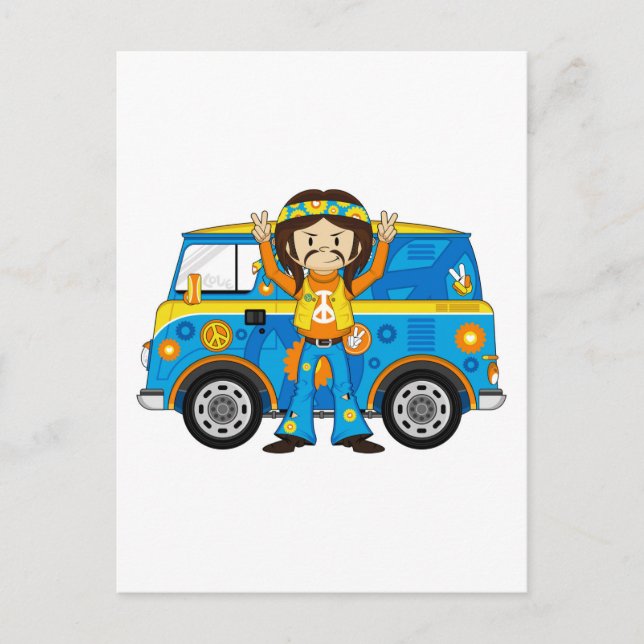 Carte Postale Caricature 60 Peace Hippie et Van (Devant)