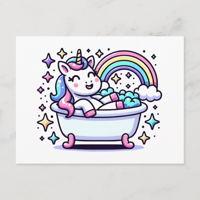 Carte Postale Caricature adorable Unicorne dans une baignoire (Devant)
