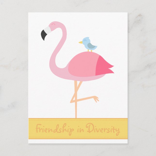 Carte Postale Caricature d'amitié : Flamant rose rose avec Oisea (Devant)
