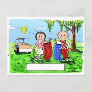 Carte Postale Caricature de couple de golf personnalisée en cart