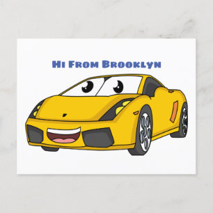 Carte Postale Caricature de voiture sport jaune joyeux