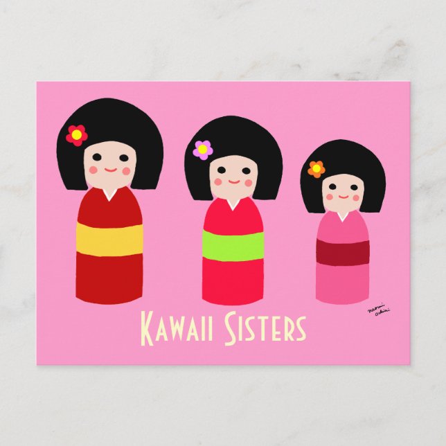 Carte Postale Caricature des soeurs de poupées Kokeshi (Devant)
