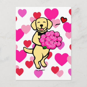 Carte Postale Caricature du Labrador jaune avec Rose