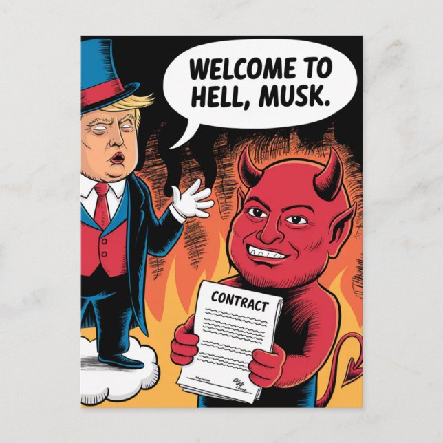 Carte Postale Caricature Evil Trump Bienvenue à Hell Musk (Devant)