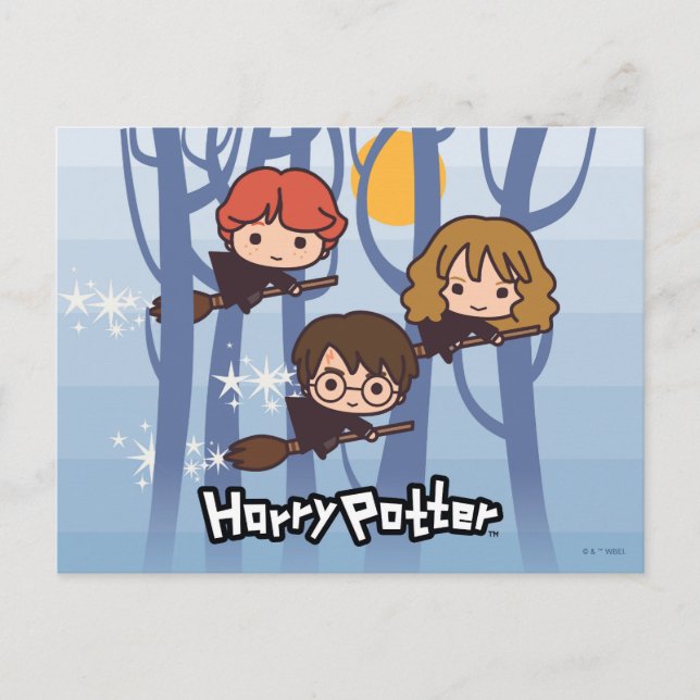 Carte Postale Caricature Harry, Ron, & Hermione Voler Dans Woods (Devant)