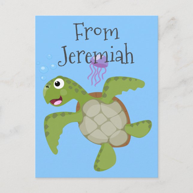 Carte Postale Caricature joyeuse de tortue de mer verte mignonne (Devant)