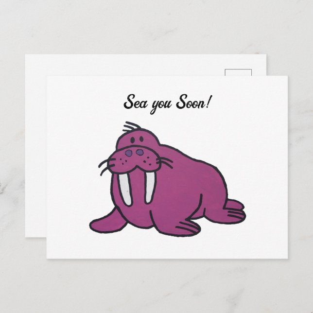 Carte Postale Caricature mignonne de Walrus mauve, nature océani (Devant / Derrière)
