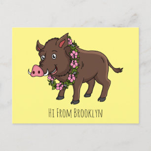 Carte Postale Caricature mignonne sanglier et fleurs