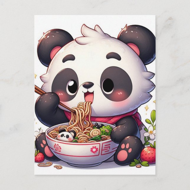 Carte Postale Caricature Panda Ours Manger Ramen (Devant)