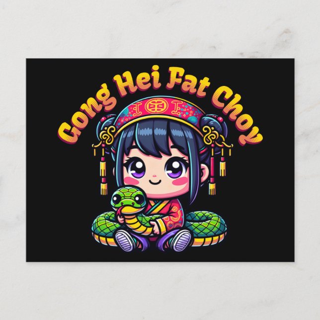 Carte Postale Caricature serpent et fille du Nouvel An chinois (Devant)